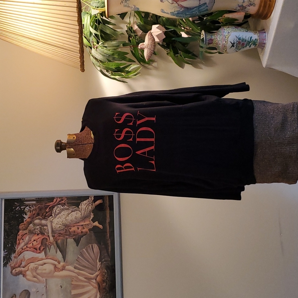 Express Eleven BOSS LADY Black & Red Bat Wing Sweatshirt S Petite Rayon Spandex